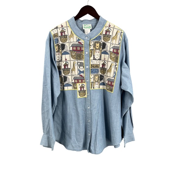 The Quaker Factory Chambray Shirt Noah's Ark Patchwork Button Up Long Sleeve 2X - Picture 1 of 5